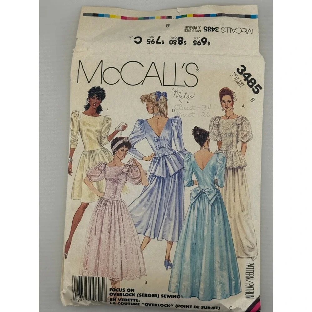 McCalls 3485 Sewing Pattern Women Size 8 Multicolor Good Vintage 80s Prom Gown